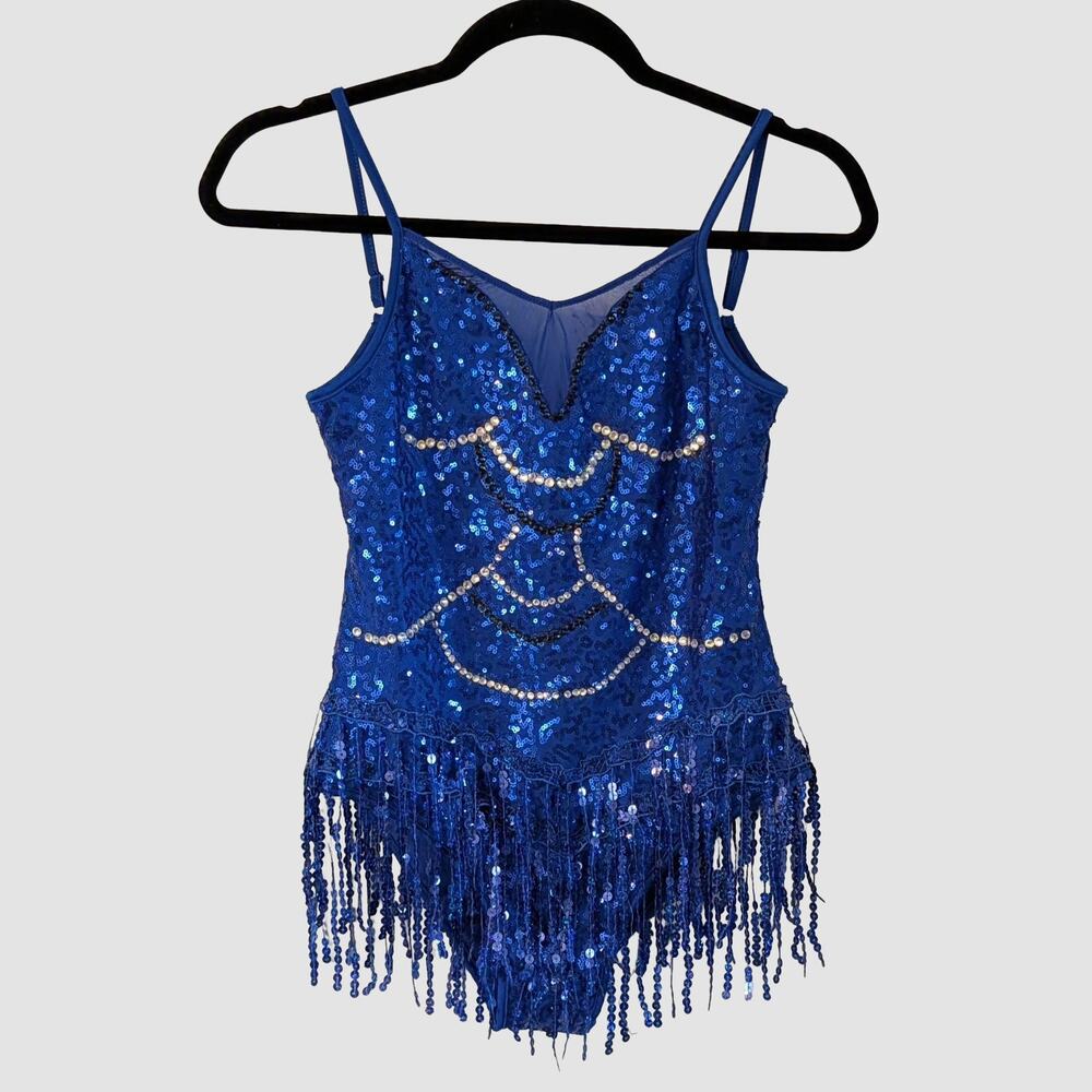 NEW Girls 14 Blue Sequin Fringe Dance Leotard Jazz Pageant Costume